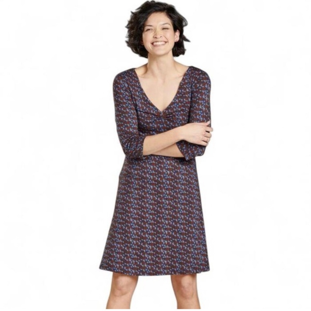 Toad&Co Rosalinda‎ Blue and Brown 3/4 Sleeve Dress size M